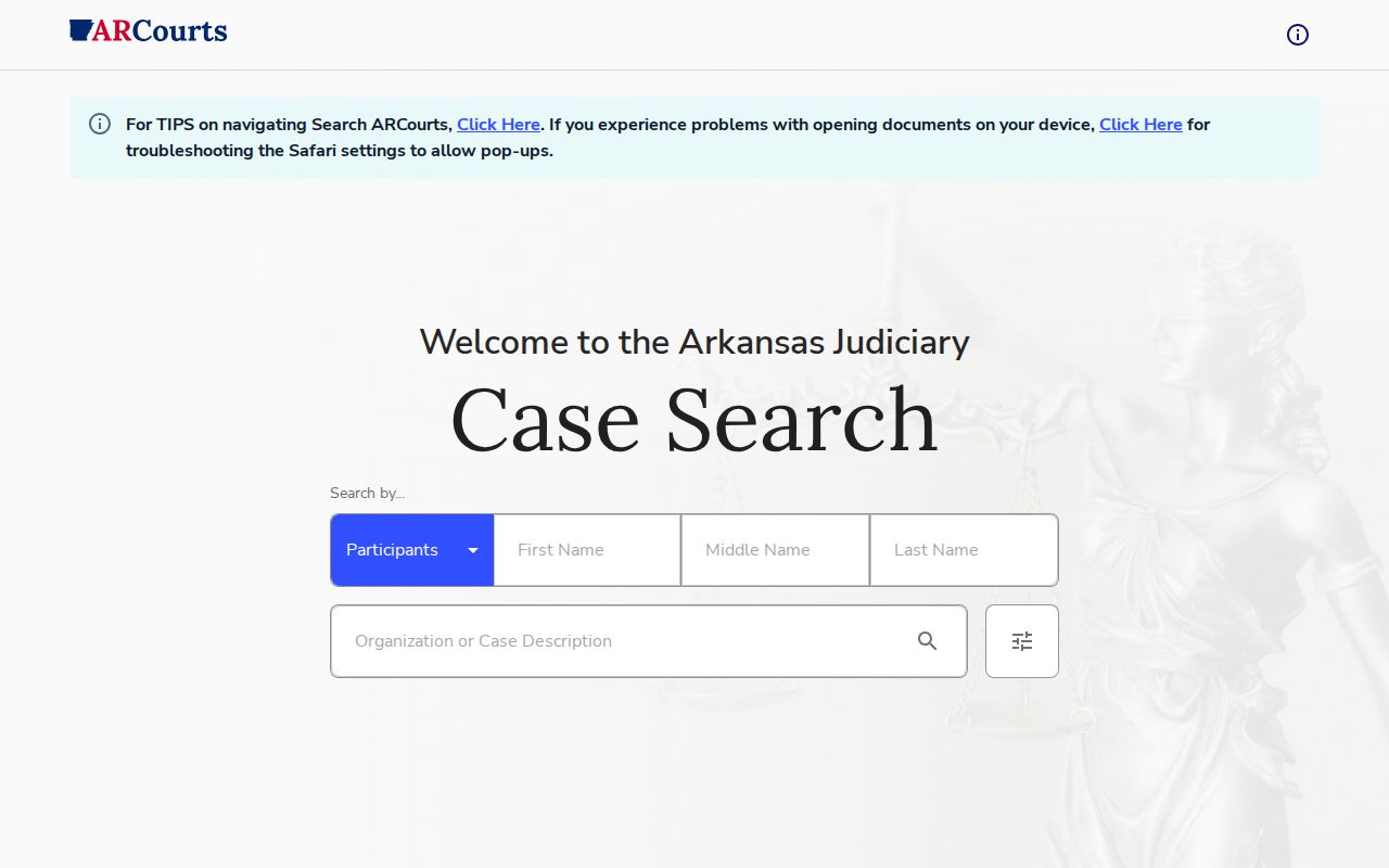 Search ARCourts interface used for a Scott County court docket search