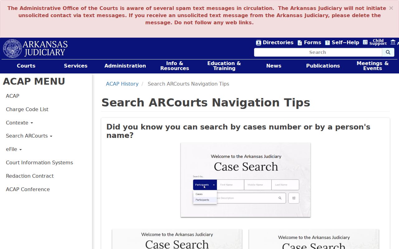 Arkansas Judiciary Search ARCourts navigation tips