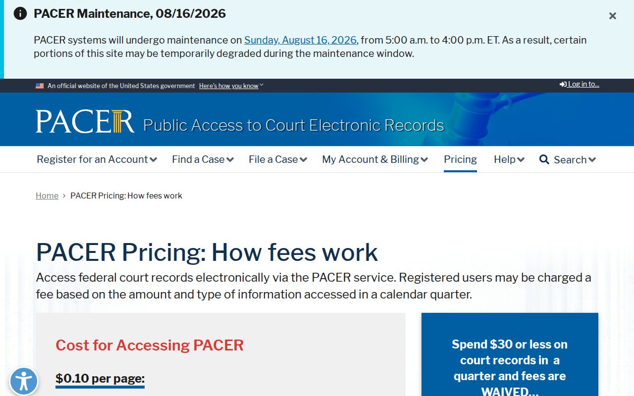 Official federal electronic public access fee schedule