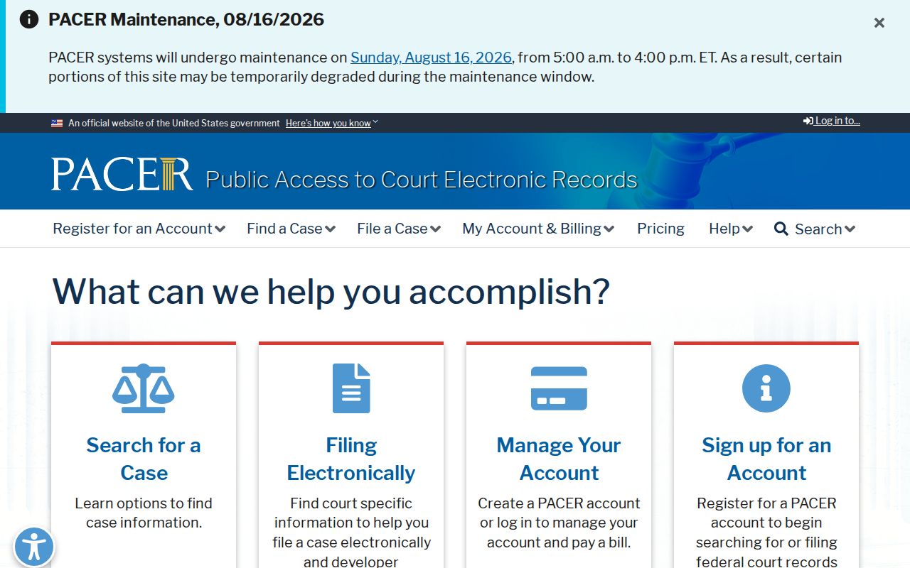 Official federal PACER court record search page