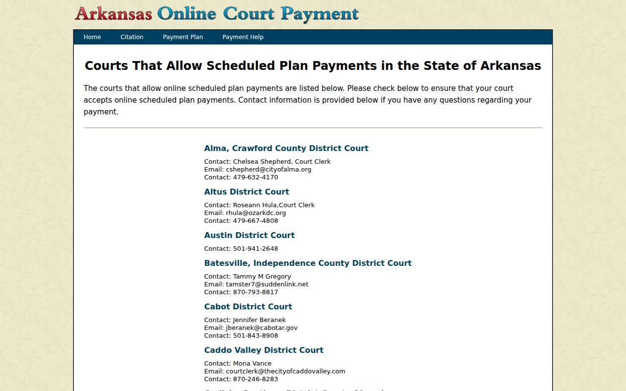 Arkansas Online Court Payment directory listing Scott County District Court