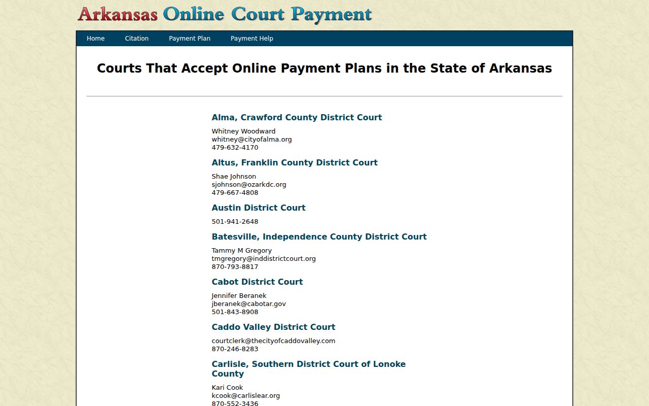 Arkansas ePay payment plan contact information for participating courts