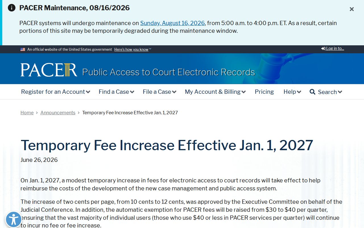 Official PACER 2027 temporary federal fee increase notice
